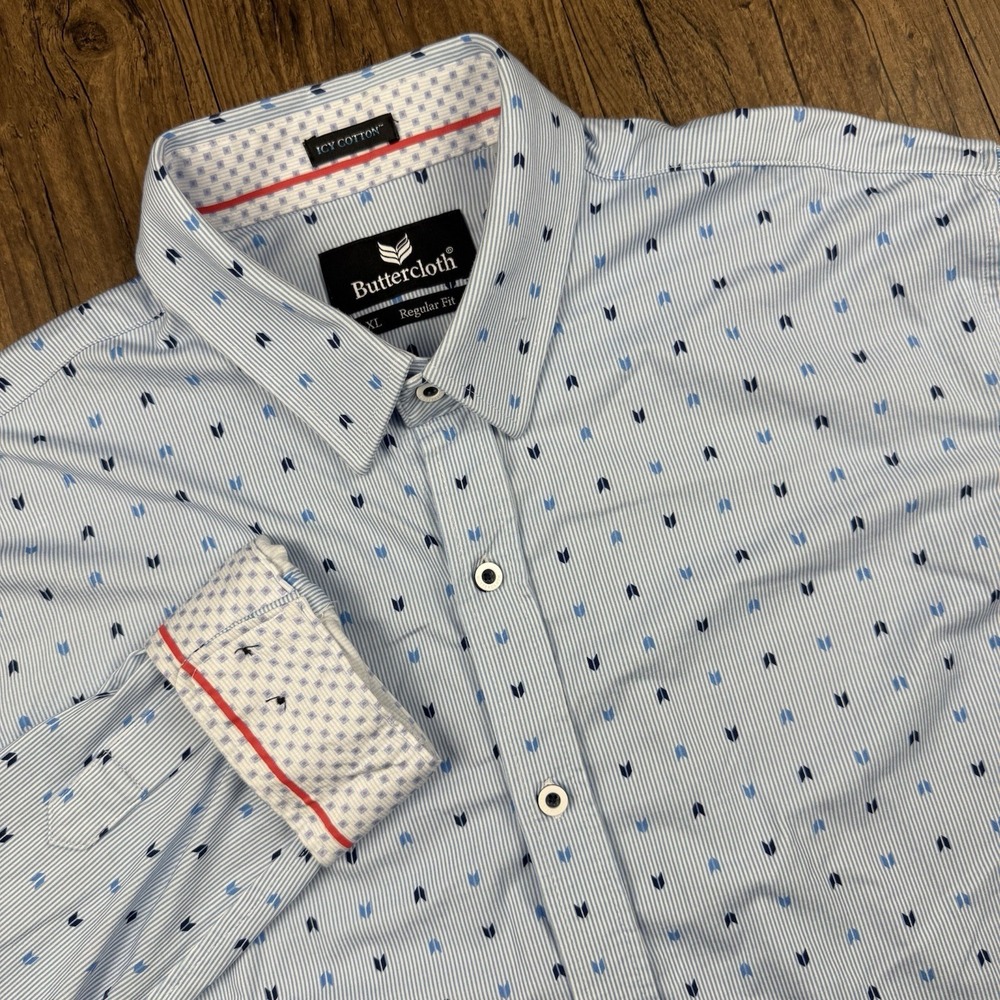 Butter Cloth Shirt Mens XL Blue Icy‎ Cotton Flip Cuff Mint Geometric Arrow Wings